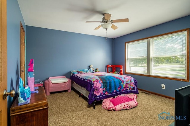 bedroom featuring carpet flooring and ceiling fan