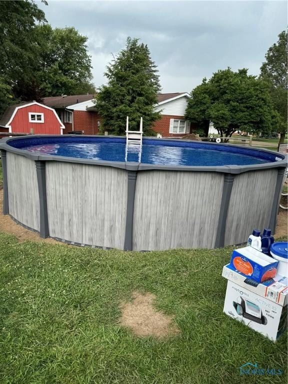 view of swimming pool featuring a lawn and a shed