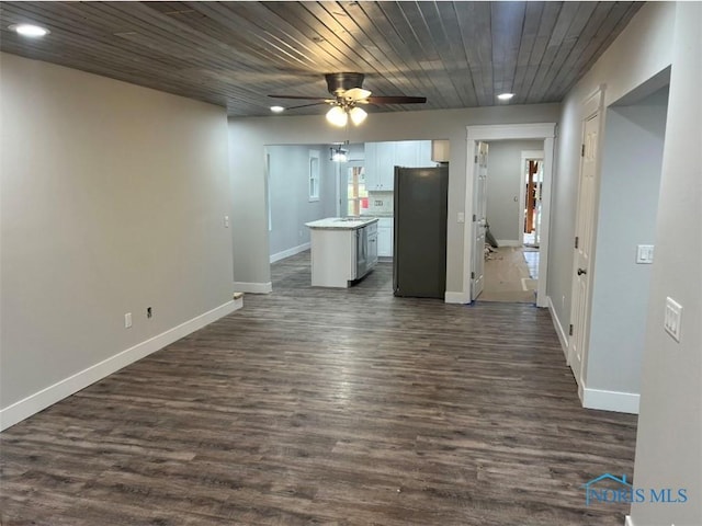 unfurnished living room with wood ceiling, ceiling fan, and dark hardwood / wood-style flooring