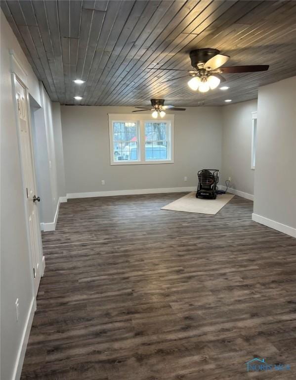 empty room featuring dark wood-type flooring and wood ceiling