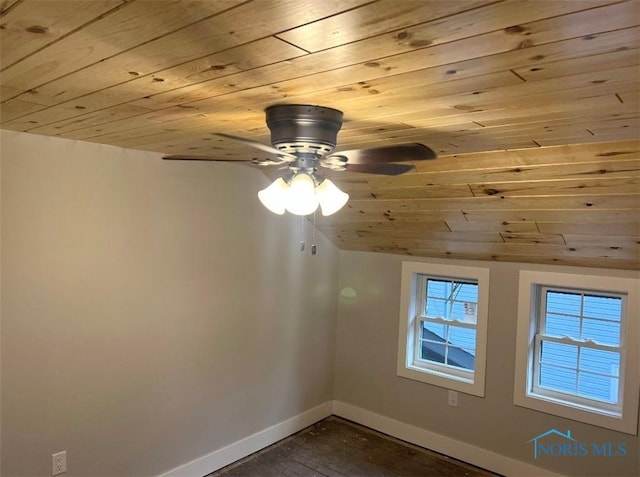 empty room featuring dark hardwood / wood-style flooring, lofted ceiling, ceiling fan, and wood ceiling