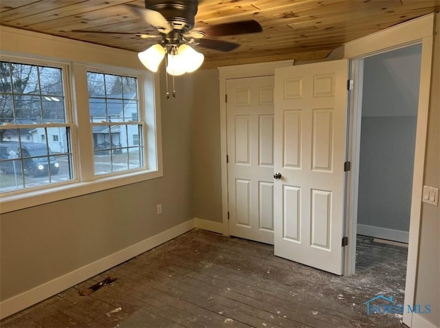 unfurnished bedroom with ceiling fan, dark hardwood / wood-style floors, and wooden ceiling