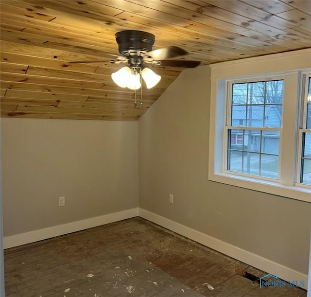 additional living space with lofted ceiling, wood ceiling, and ceiling fan