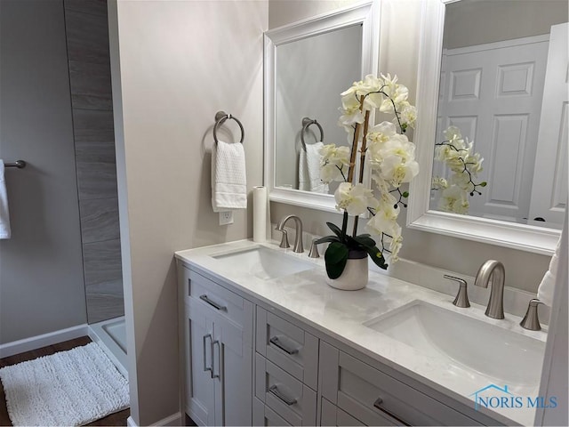 bathroom with a shower and vanity