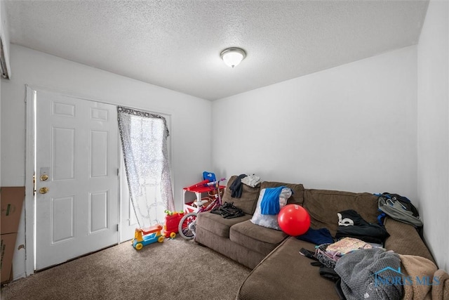 carpeted living room with a textured ceiling