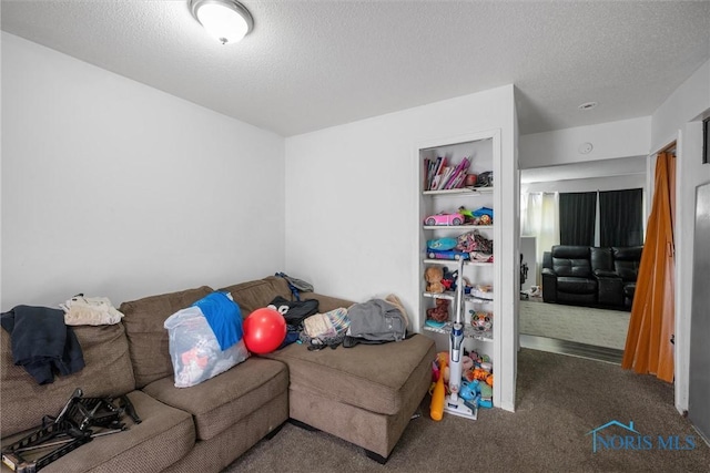 living room with carpet flooring and a textured ceiling