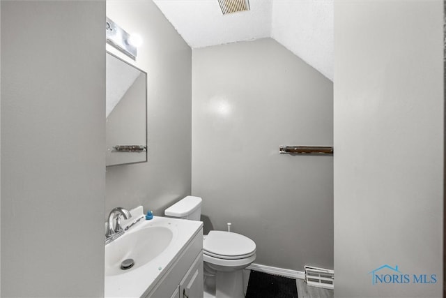 bathroom featuring vanity, toilet, and lofted ceiling