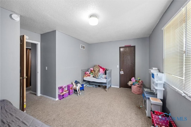 bedroom featuring carpet and a textured ceiling