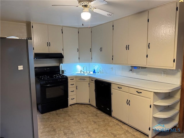 kitchen featuring sink, ceiling fan, and black appliances