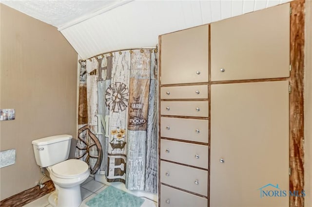 bathroom featuring tile patterned flooring, curtained shower, toilet, and vaulted ceiling