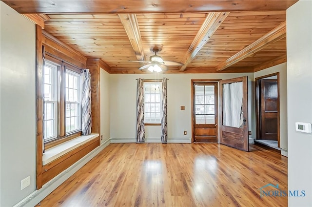 interior space with beam ceiling, light hardwood / wood-style flooring, a wealth of natural light, and wooden ceiling