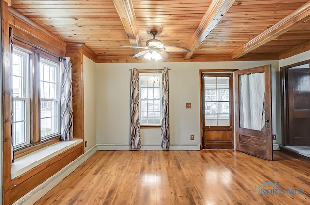 foyer entrance featuring french doors, ceiling fan, light hardwood / wood-style flooring, wooden ceiling, and beamed ceiling