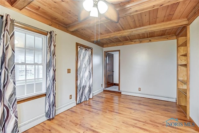 empty room with beamed ceiling, light hardwood / wood-style flooring, and a baseboard radiator