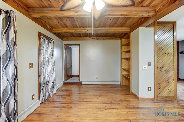 empty room with wooden ceiling, ceiling fan, light wood-type flooring, and a baseboard heating unit