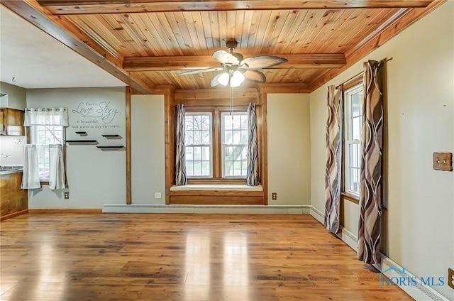 interior space featuring wood ceiling, ceiling fan, beamed ceiling, and light hardwood / wood-style floors