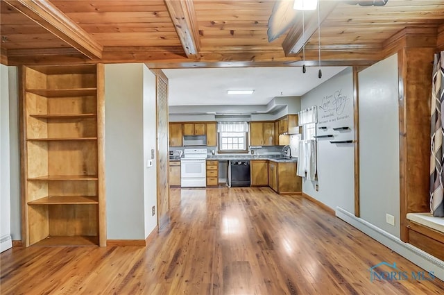 kitchen with white appliances, light hardwood / wood-style flooring, wood ceiling, and sink