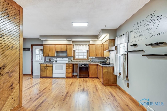 kitchen featuring sink, black dishwasher, white electric range, ventilation hood, and light wood-type flooring