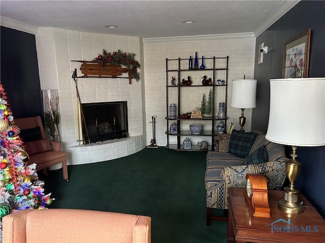 carpeted living room with ornamental molding and a brick fireplace