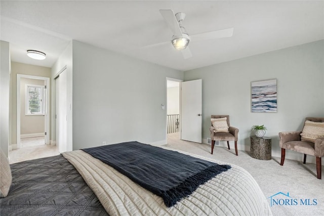 bedroom featuring carpet flooring and ceiling fan