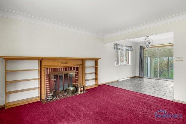 unfurnished living room featuring a fireplace, tile patterned flooring, and ornamental molding