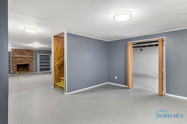 basement with a fireplace