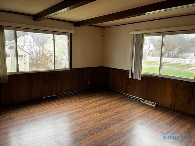 unfurnished room with beamed ceiling, wooden walls, dark hardwood / wood-style flooring, and a wealth of natural light