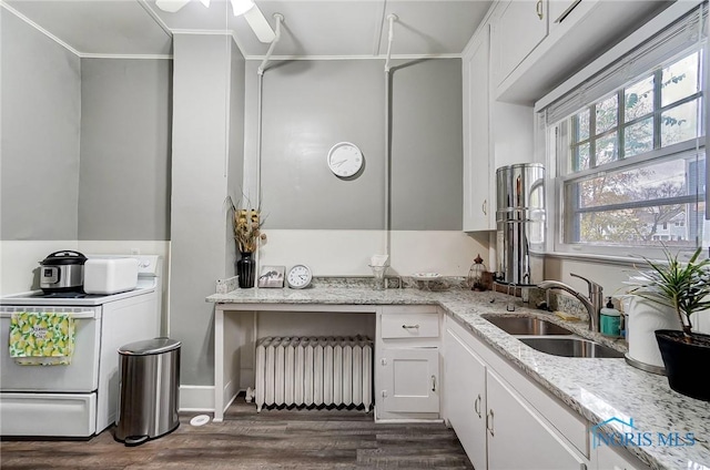 kitchen with dark wood-type flooring, sink, radiator heating unit, stainless steel range, and white cabinetry