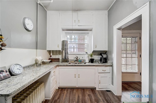 kitchen featuring a healthy amount of sunlight, white cabinetry, sink, and radiator