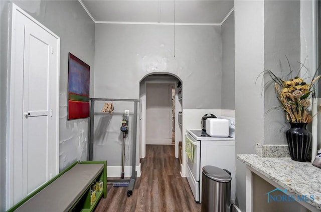 interior space with crown molding and dark wood-type flooring