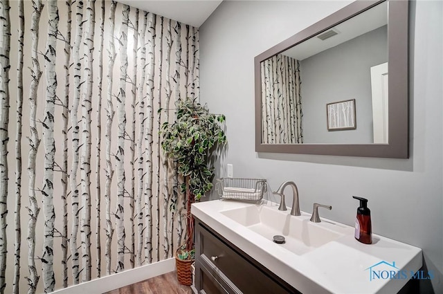 bathroom featuring vanity and wood-type flooring