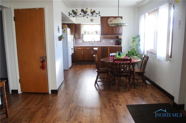 dining room with dark hardwood / wood-style flooring and sink