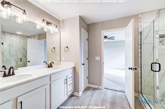 bathroom featuring ceiling fan, a shower with door, and vanity