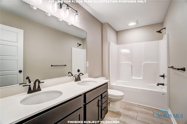 full bathroom featuring vanity, toilet, and shower / washtub combination