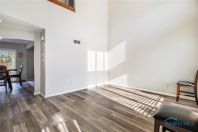 interior space featuring a high ceiling and dark hardwood / wood-style flooring