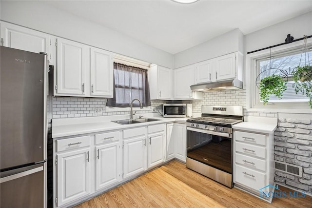 kitchen featuring sink, decorative backsplash, light wood-type flooring, appliances with stainless steel finishes, and white cabinetry