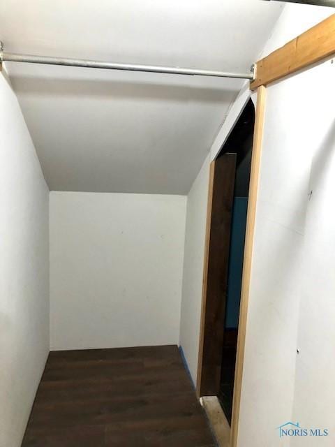 hallway featuring lofted ceiling and dark wood-type flooring