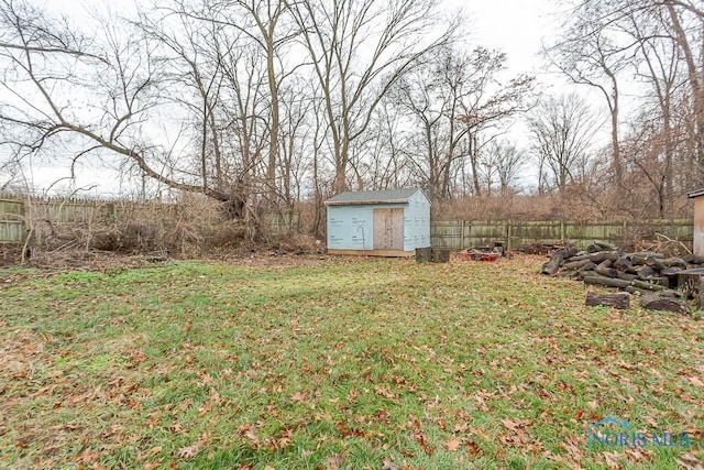 view of yard featuring a storage shed