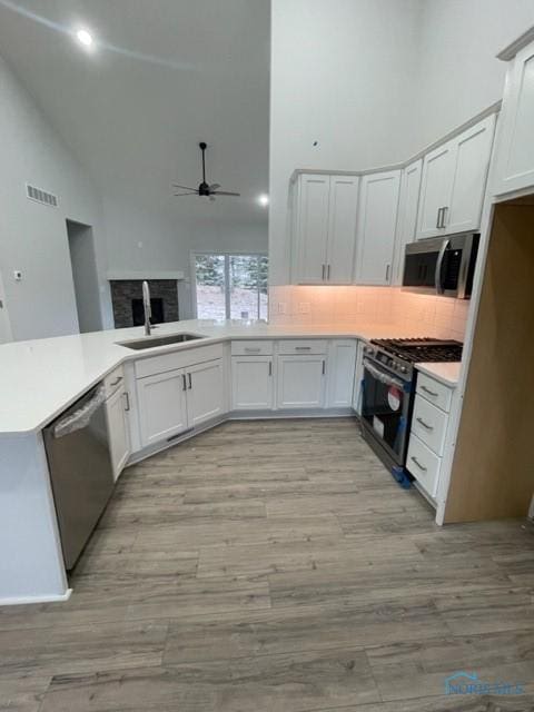 kitchen with light countertops, light wood-style flooring, appliances with stainless steel finishes, a sink, and high vaulted ceiling