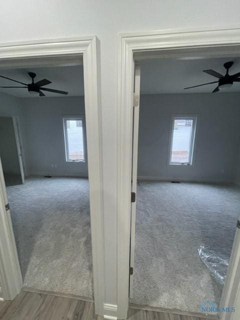 hall with baseboards, carpet flooring, and wood finished floors