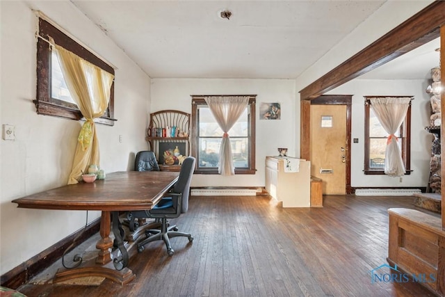 office featuring plenty of natural light, dark hardwood / wood-style floors, and a baseboard radiator