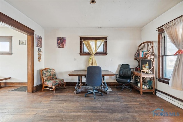 office area with baseboard heating and dark hardwood / wood-style flooring