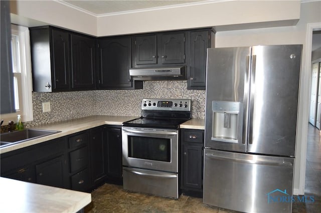 kitchen with backsplash, ventilation hood, sink, ornamental molding, and appliances with stainless steel finishes