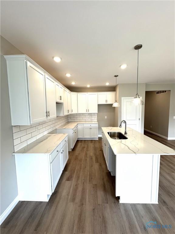 2261 Falling Waters Ln, Perrysburg, OH 43551 - kitchen featuring dark wood-type flooring, light stone counters, decorative backsplash, and a sink