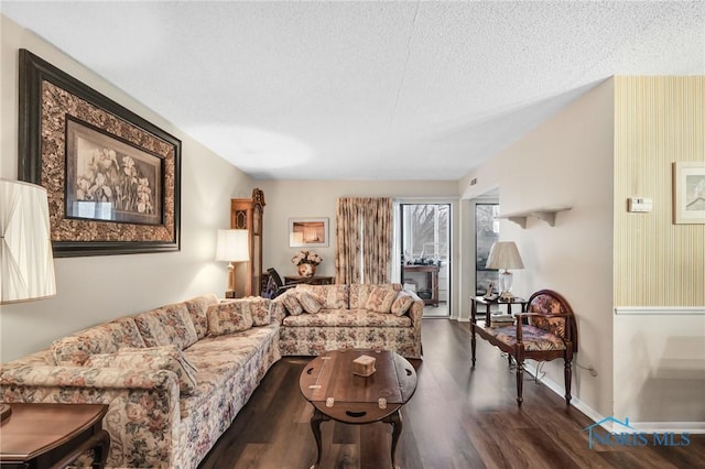 living room featuring dark hardwood / wood-style flooring and a textured ceiling