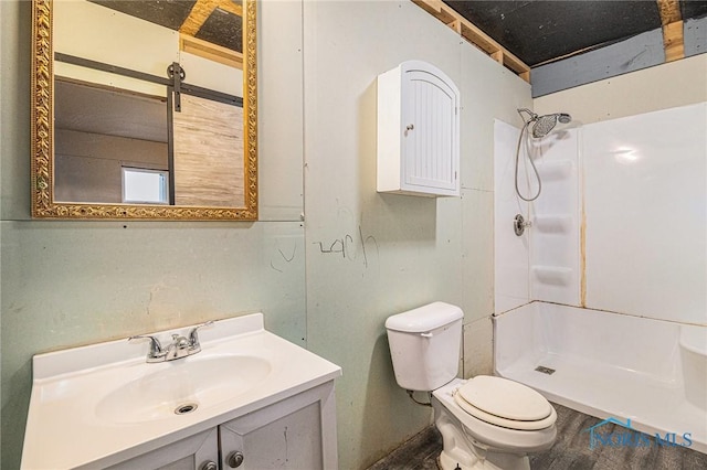 bathroom with a shower, vanity, and toilet