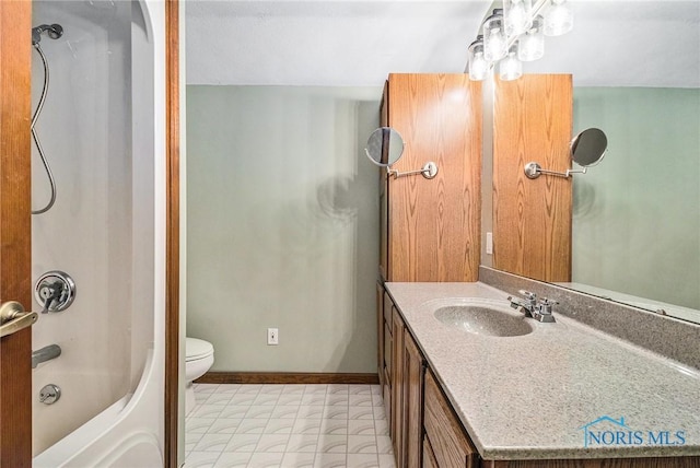 full bathroom featuring vanity, toilet, and shower / washtub combination