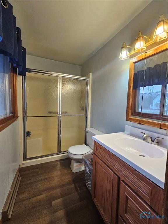 bathroom featuring vanity, hardwood / wood-style flooring, toilet, and a shower with door