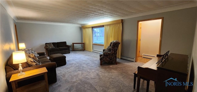 carpeted living room with baseboard heating