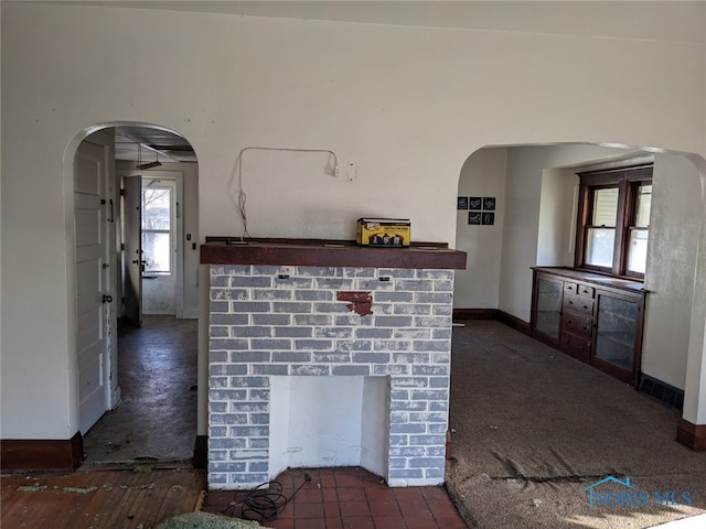 kitchen with a fireplace