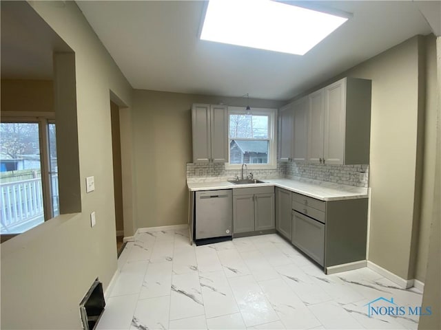 kitchen featuring backsplash, sink, a skylight, stainless steel dishwasher, and gray cabinets